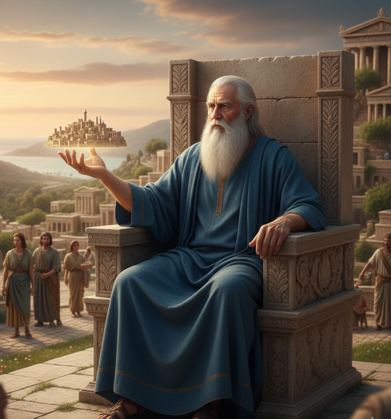 Politische Philosophie: Der Idealstaat - Der Philosophen König Weißhaariger, bärtiger Mann in blauer Robe sitzt auf einem Thron und hält eine Stadt in der Hand.