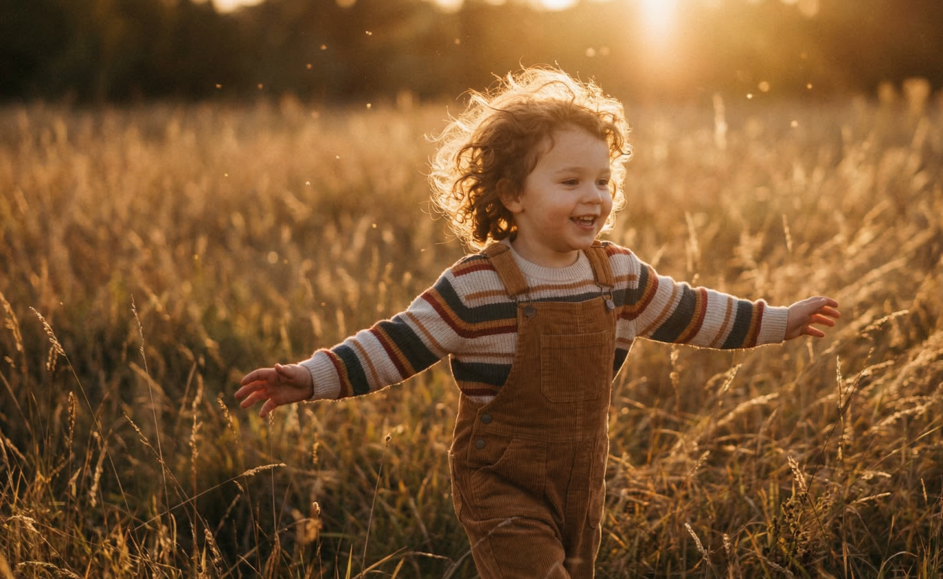 Ein fröhliches Kind in einem Feld, das in der Abendsonne spielt und lacht.