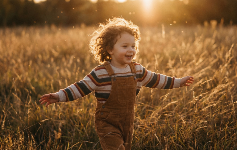 Transformation, die in jeder Existenzphase vorhanden ist, symbolisiert die Rückkehr zum Ganzen. Ein fröhliches Kind in einem Feld, das in der Abendsonne spielt und lacht.