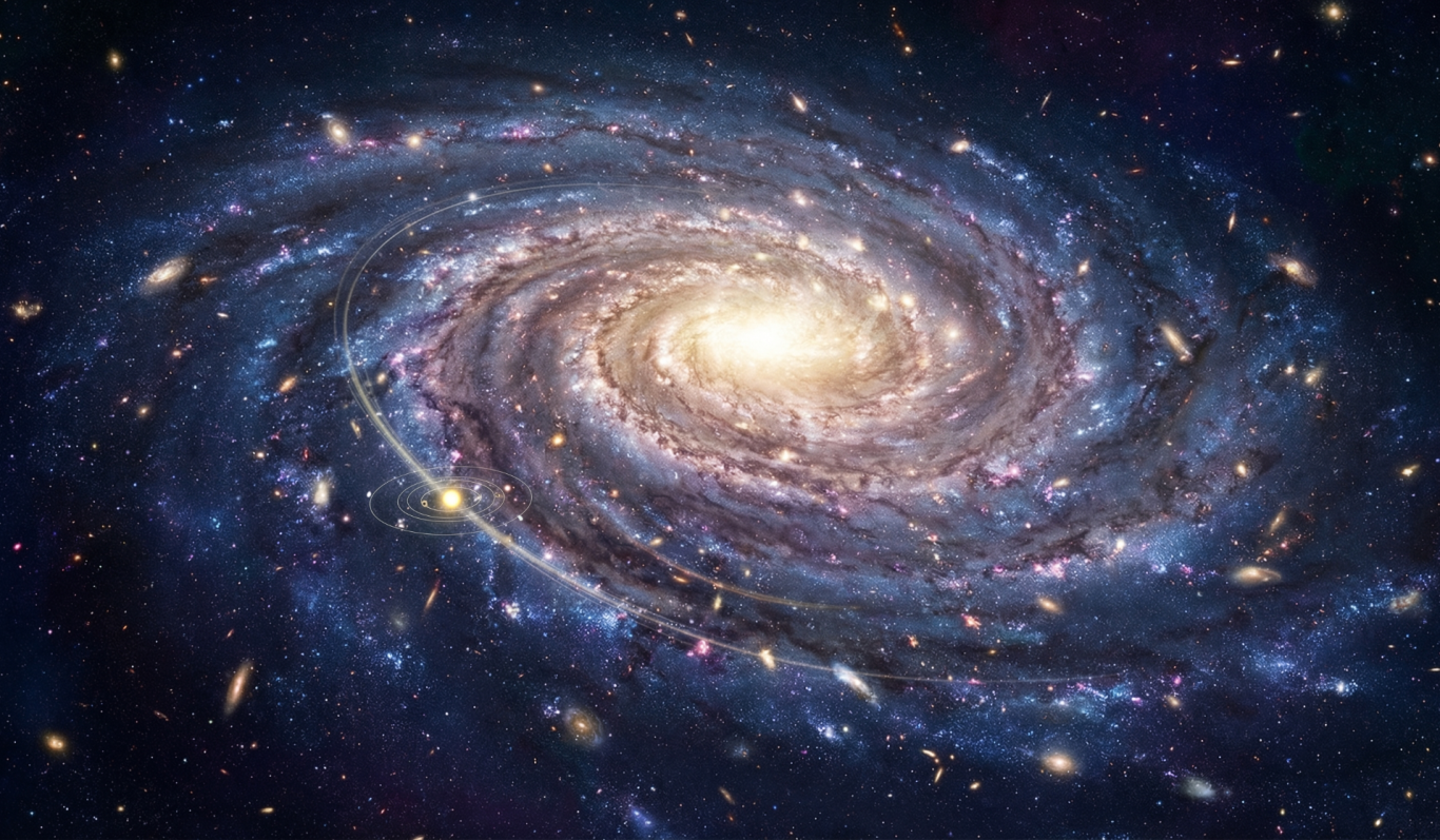 Eine spiralförmige Galaxie mit leuchtendem Zentrum und vielen Sternen im Hintergrund.