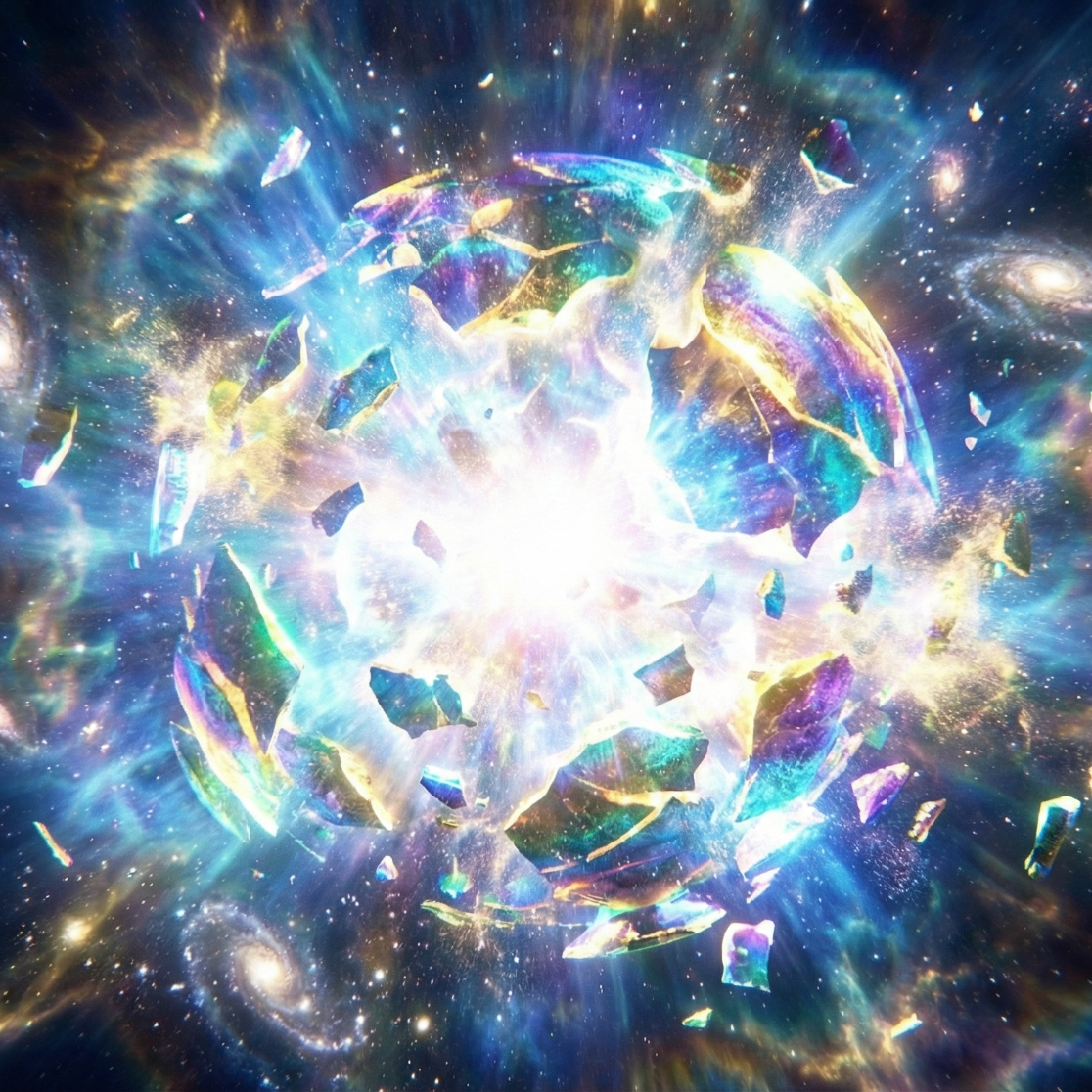 Bunte Explosion von Licht und Materie im Weltraum, umgeben von Galaxien und Sternen.