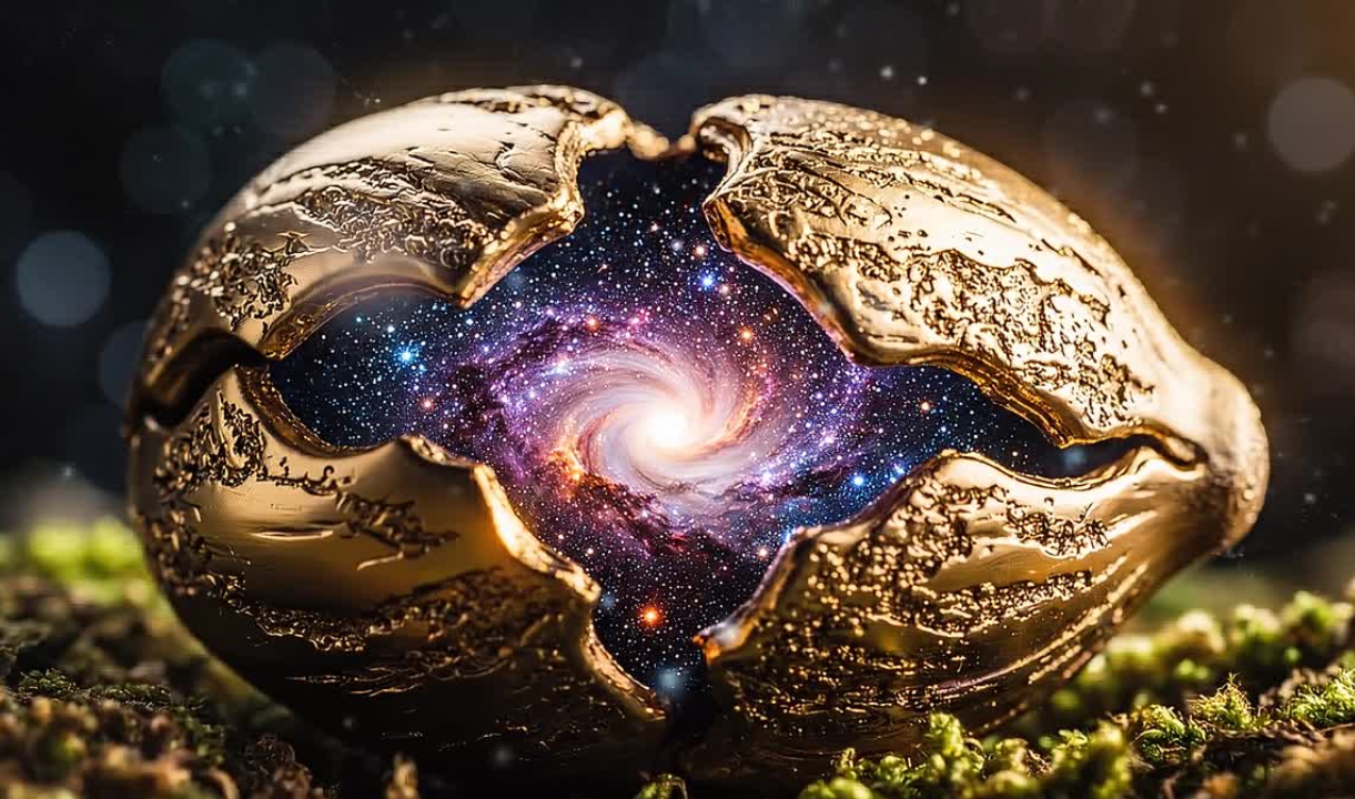 Eine goldene Schale, die eine spiralförmige Galaxie im Inneren zeigt, umgeben von natürlicher Erde.