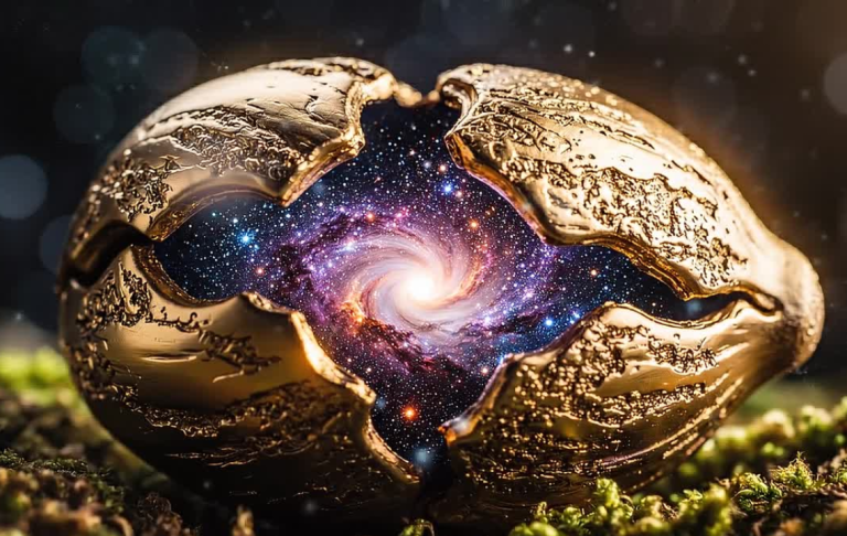 Eine goldene Nuss, die ein spiralförmiges Universum offenbart.