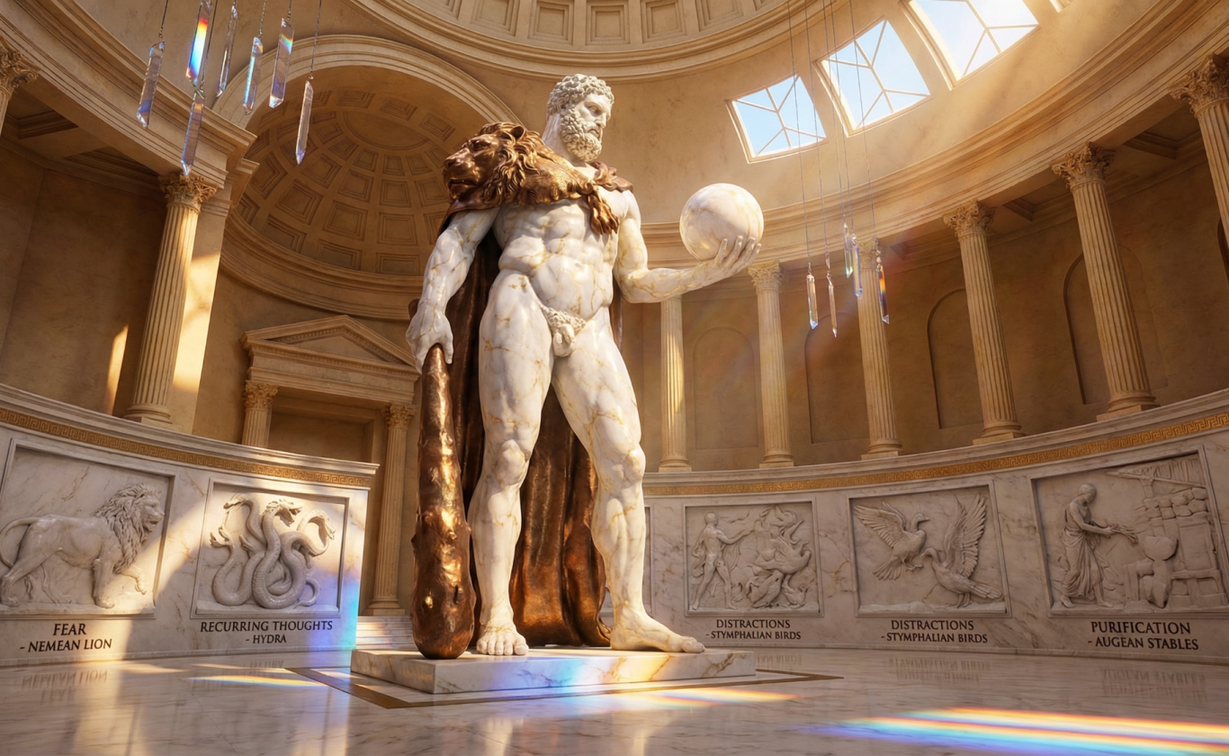 Statuette eines majestätischen Mannes in einem eleganten, beleuchteten Raum.