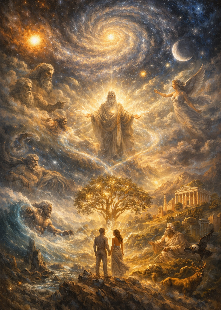 Hesiod's *Theogony* describes the origin and order of the world as well as the lineage of the gods. Ein Paar steht vor einer leuchtenden, kosmischen Szenerie mit Sternen und Engeln.