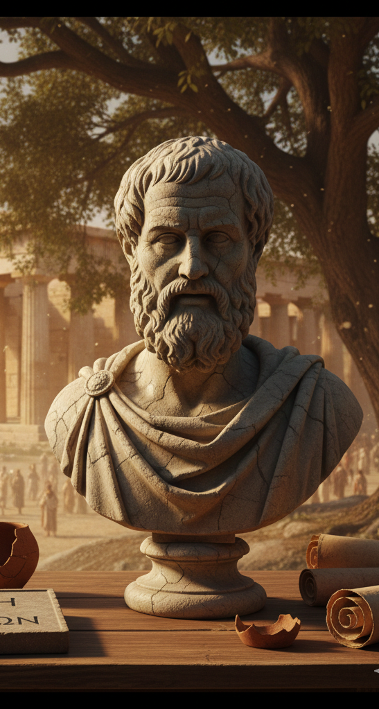 Plato, Gründer von Akademie. Untersuchung zu Leben, Werk und Wirkung Büste eines älteren Mannes mit Bart, umgeben von antiken Objekten und Bäumen.