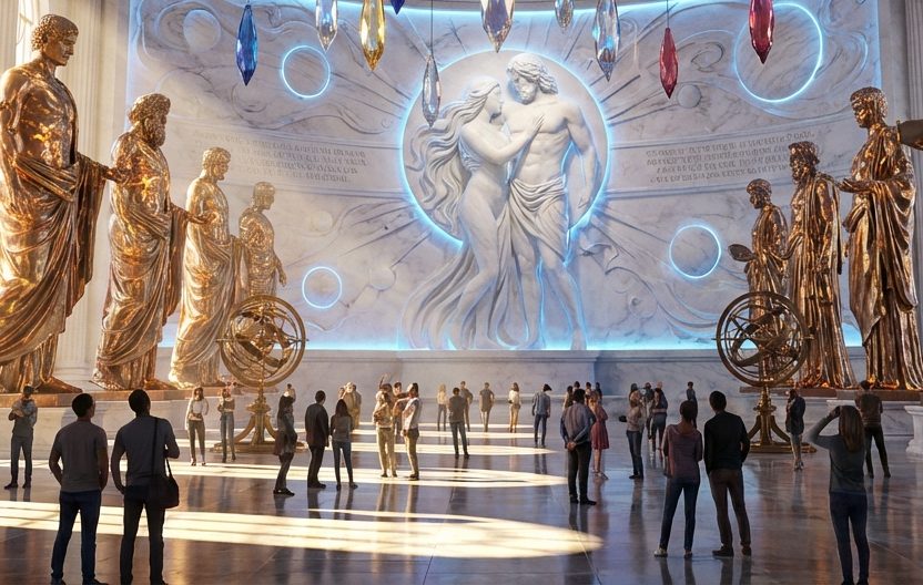 Große Hallen mit goldenen Statuen, leuchtenden Wänden und Menschen in Anbetung.