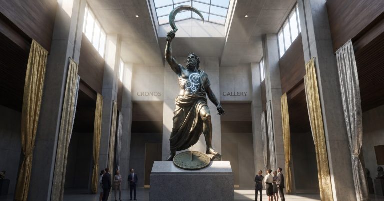 Kronos's cutting establishes the matrix of space-time, allowing the universe to organize itself into cycles and enabling history to begin. Statuette einer geflügelten Frau mit Sichel in einem modernen Innenraum.