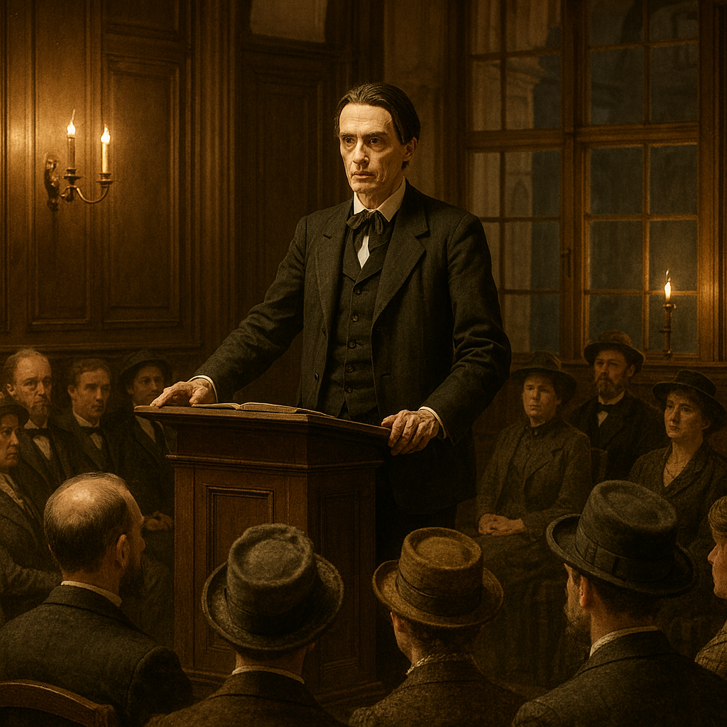 Rudeolf Steiner, die Philosophie der Freiheit und der Ethische Individualismus Ein Mann spricht an einem Pult vor einer Zuhörerschaft in historischer Kleidung.