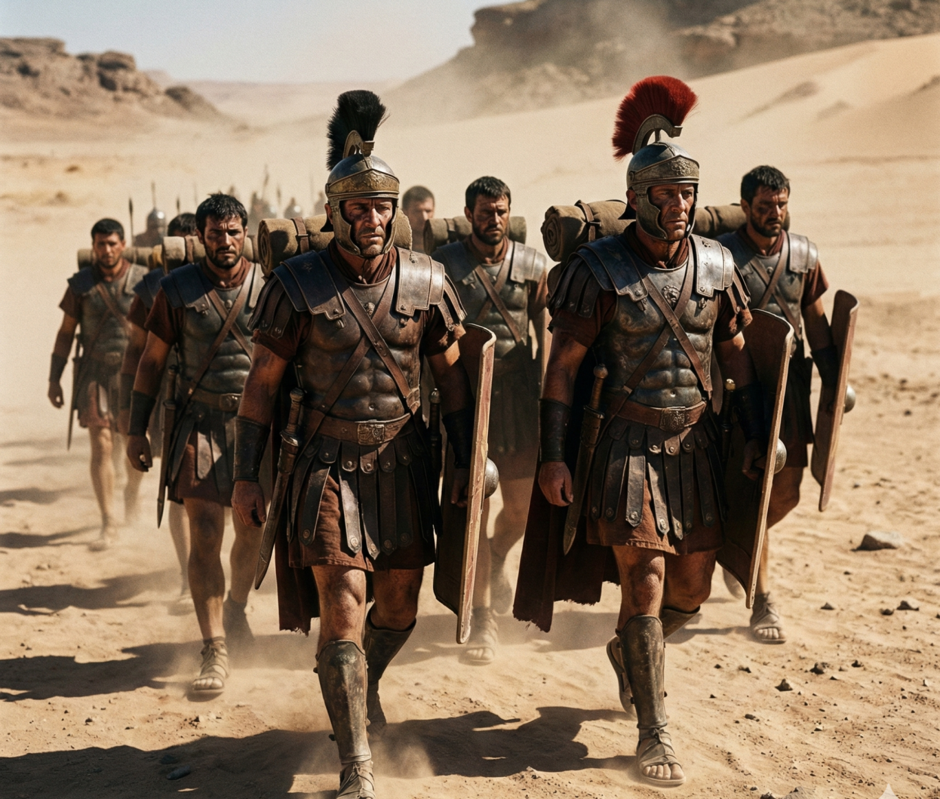 Römische Soldaten in Rüstung marschieren durch eine wüstenartige Landschaft.