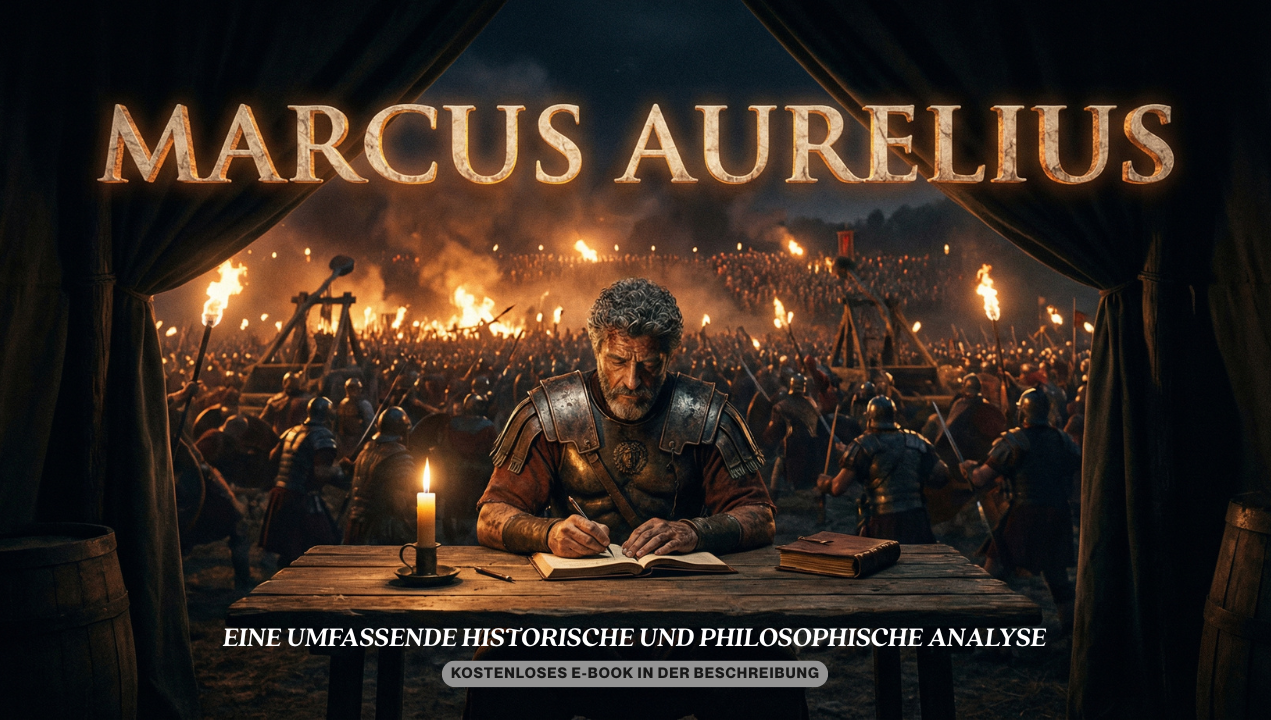 In dieser umfassenden historisch-philosophischen Analyse dekonstruieren wir die Regierungszeit von Marcus Aurelius (161–180 n. Chr.), die oft als Zenit des Römischen Reiches stilisiert wird. Dekorative Darstellung von Marcus Aurelius mit brennenden Fackeln und kämpfenden Soldaten im Hintergrund.
