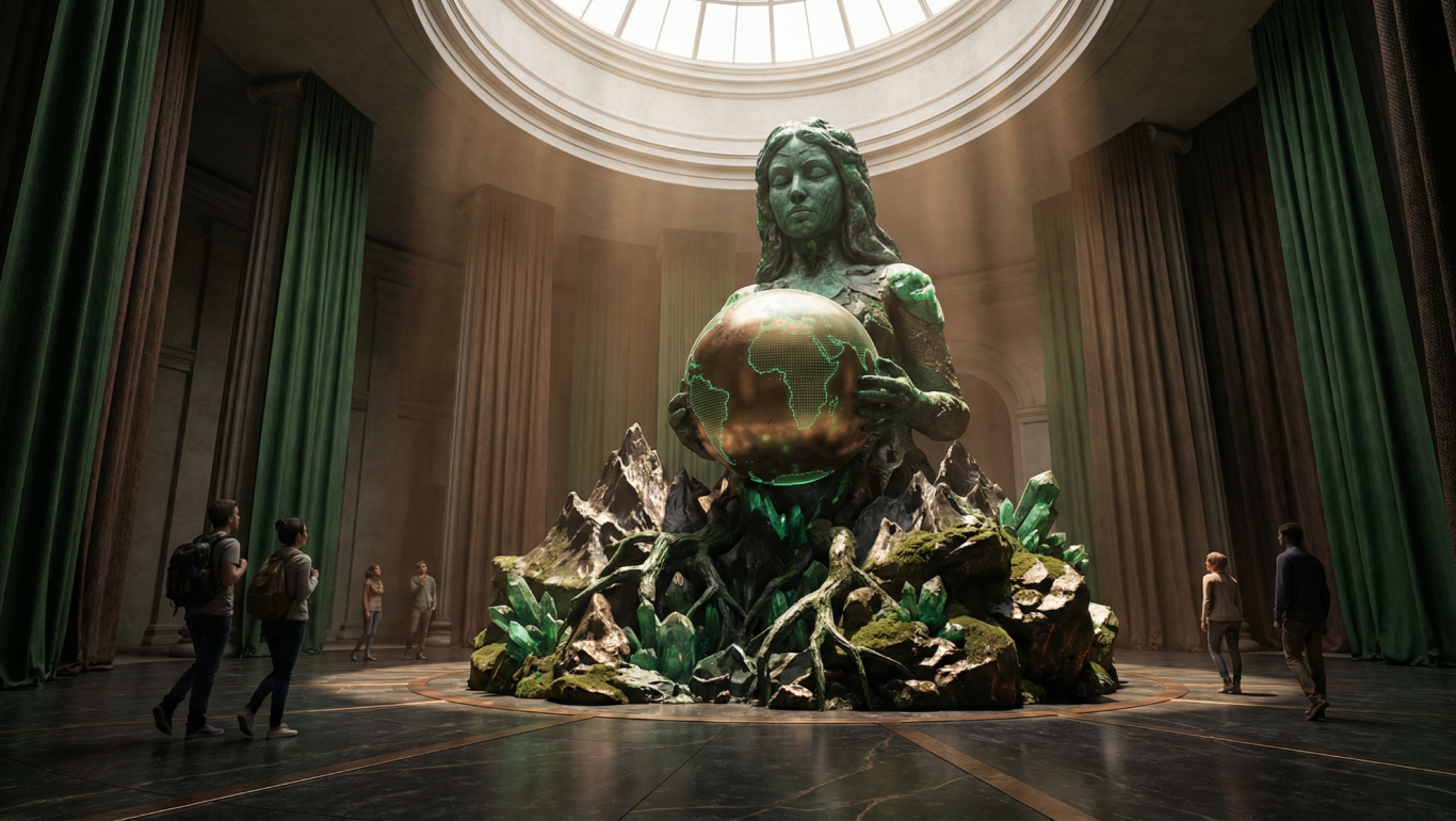 Statuenartige Figur mit Erdkugel, umgeben von grünen Draperien und Pflanzenornamenten.