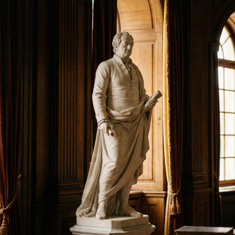 Statue einer historischen Figur in einem eleganten Innenraum mit Holzverkleidung.