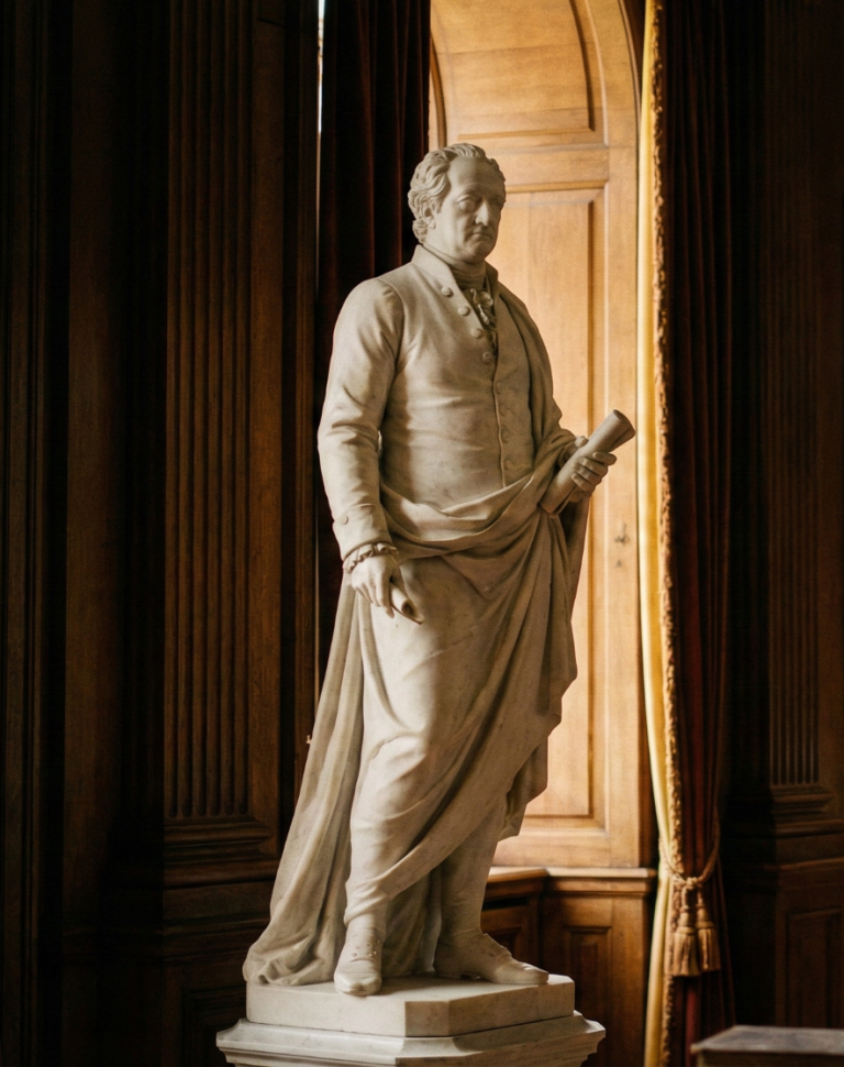 Goethe Statue einer historischen Figur in einem eleganten Innenraum mit Holzverkleidung.