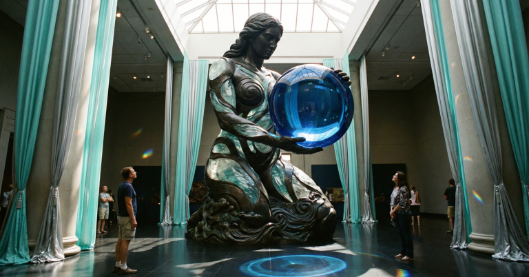 Titaness Theia embodies Vision and Transparency, governing perception and clarity. Daughter of Uranus and Gaia, mother of Helios, Selene, and Eos, her name means "divine" (Theos). Eine große Statue einer Frau hält eine leuchtende, transparente Kugel in einem Museum.