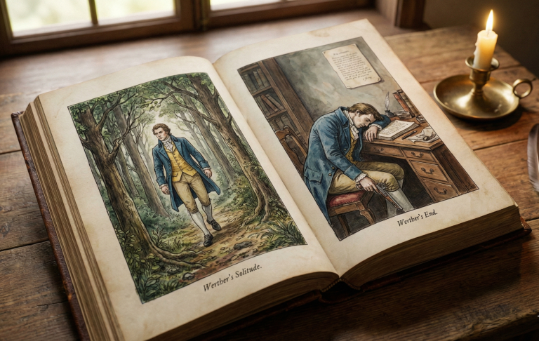 Werber Tragödie Frau mit offenem Buch in einem Wald, Mann schläft am Schreibtisch.