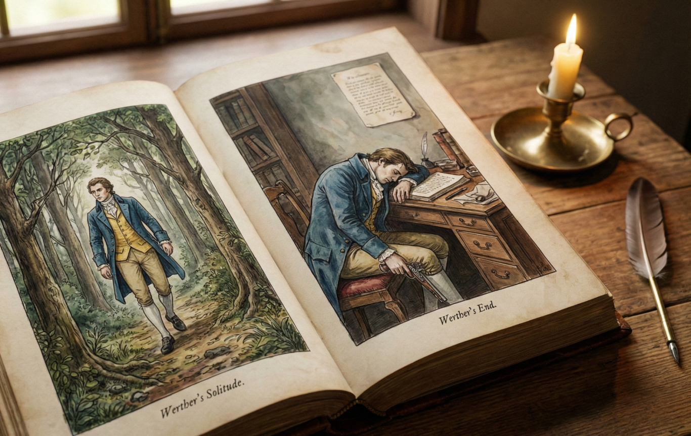 Frau mit offenem Buch in einem Wald, Mann schläft am Schreibtisch.