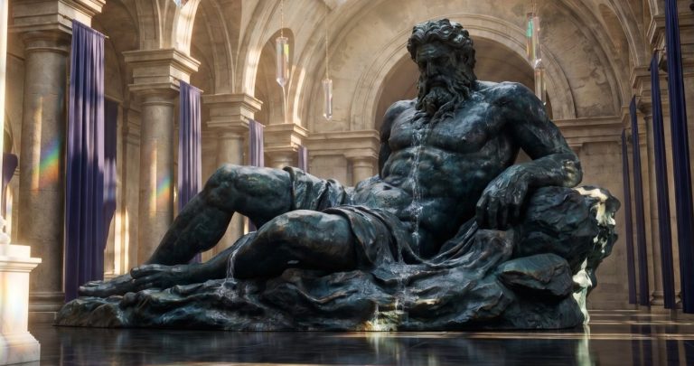 Integrating Oceanus means transforming emotional chaos into serenity, mastering inner waters, and accepting the dissolution of the ego, becoming flexible like water to allow Unity's light to shine. Skulptur eines muskulösen, sitzenden Riesen in einem historisch gestalteten Raum.