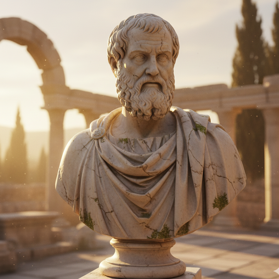 Platons Werk bleibt ein unerschöpfliches Reservoir philosophischer Inspiration. Büste von Aristoteles, detailreich, mit Pflanzenresten, vor antiker Kulisse.