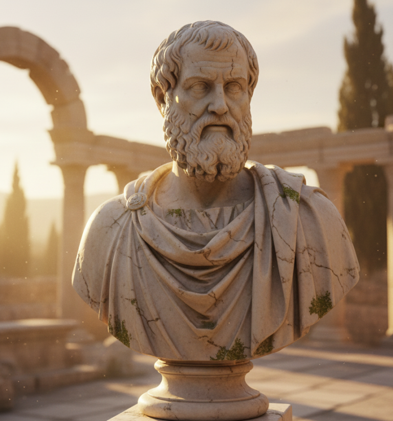 Platons Werk bleibt ein unerschöpfliches Reservoir philosophischer Inspiration. Büste von Aristoteles, detailreich, mit Pflanzenresten, vor antiker Kulisse.