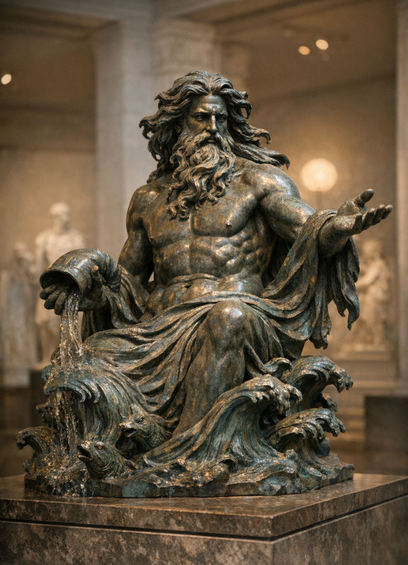 Explore the mythic essence of Oceanus, the Titan who embodies the Pisces archetype Bronzene Statue eines sitzenden Gottes mit Wellen, kräftigen Muskeln und ausgebreiteten Armen.