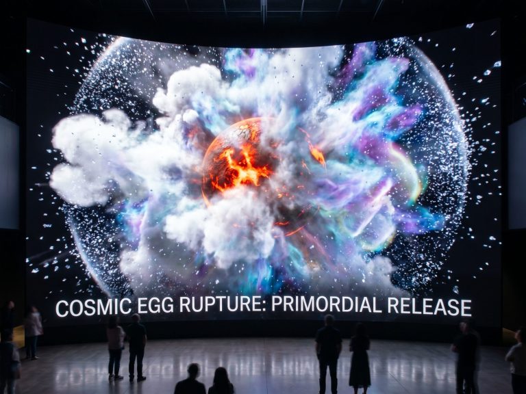Farbenfrohe Explosion in einer kosmischen Szene mit Text: "COSMIC EGG RUPTURE PRIMORDIAL RELEASE".