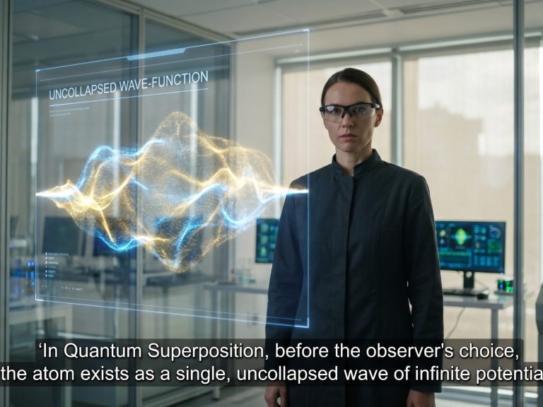 Eine Person trägt eine Brille, steht vor einem Computerbildschirm mit energetischen Wellen.