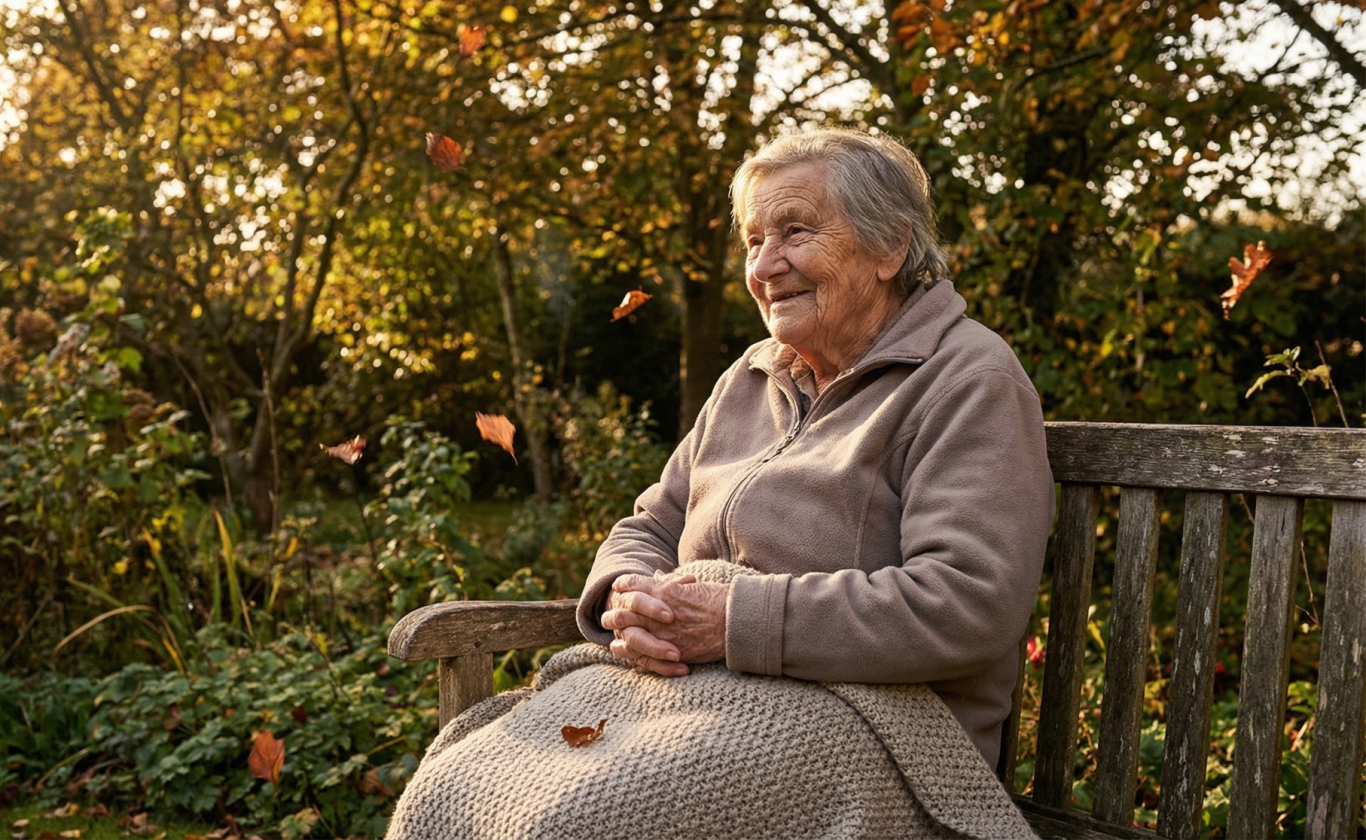 Eine ältere Frau sitzt auf einer Bank, umgeben von herabfallenden Blättern im Herbst.