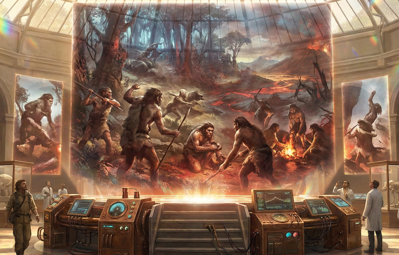 Prähistorische Menschen bei der Jagd, umgeben von futuristischen Geräten und Bildern.