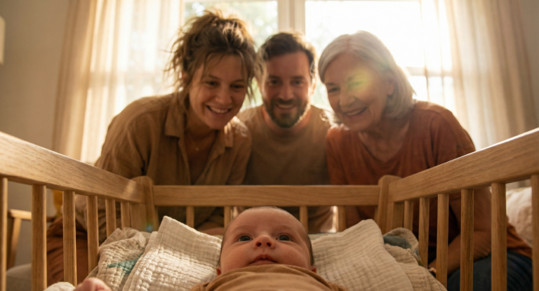Eine Familie lächelt über das Bett eines Babys in einem sonnigen Raum.