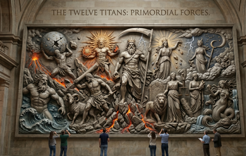 The wise men of antiquity knew that energy was consciousness in different states, so they gave each manifestation a name, a personification, and a corresponding image. Relief mit mythologischen Figuren, die Kämpfe der Titanen darstellen, mit leuchtenden Effekten.