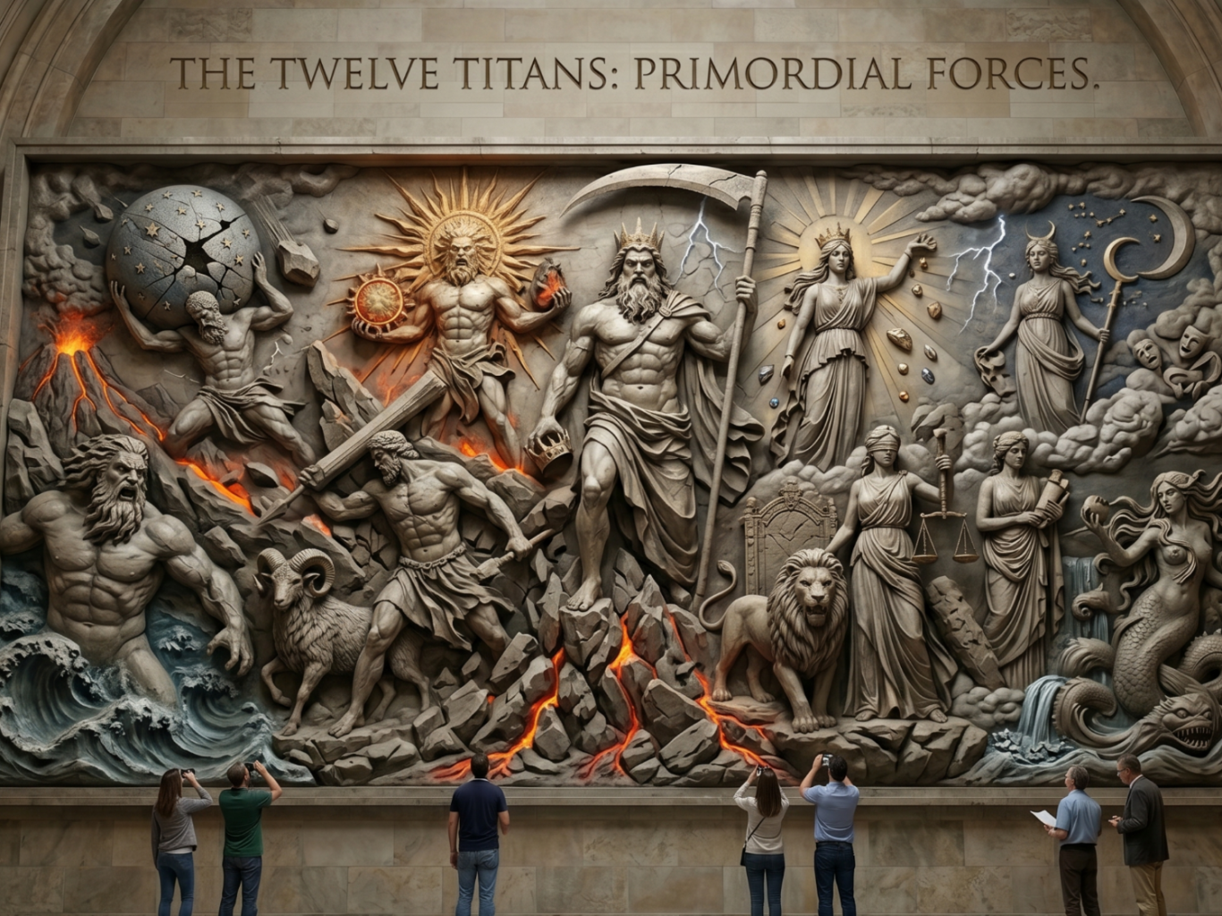 Relief mit mythologischen Figuren, die Kämpfe der Titanen darstellen, mit leuchtenden Effekten.