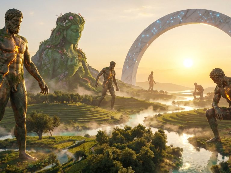 Futuristische Landschaft mit übergroßen Figuren und einem leuchtenden Portal bei Sonnenuntergang.