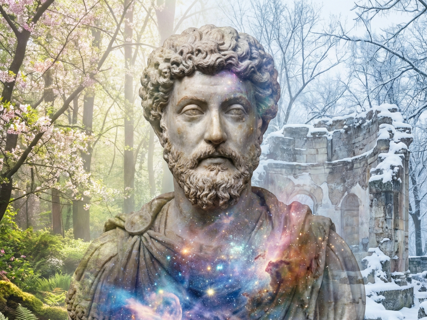 Marcus Aurelius - Das Römische Reich am Scheideweg der Geschichte Eine antike Statue vor einer mystischen, naturbelassenen Kulisse mit Galaxien.
