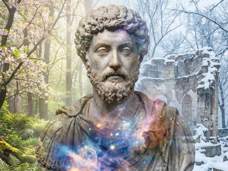 Marc Aurel (Marcus Aurelius Antoninus; 121–180 n. Chr.) Eine Skulptur eines Mannes vor einer nebelfeuchten Waldszene mit galaktischen Elementen.