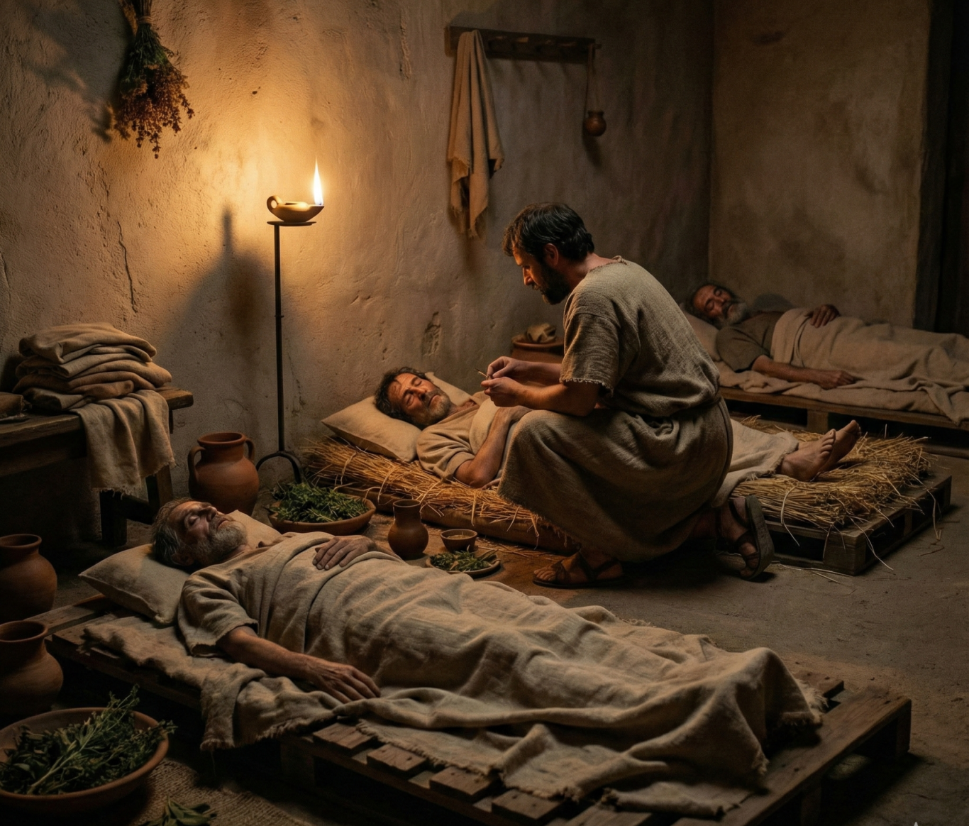 Menschen in einer einfachen Stube, einige liegen auf Matten, andere stehen daneben.