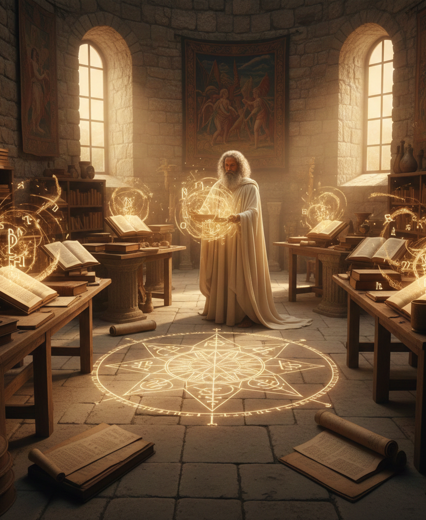 Die „Ungeschriebene Lehre“ (Agrapha Dogmata) und die Prinzipien Ein weiser Magier in einem alten Raum, umgeben von magischen Symbolen und Bücherregalen.