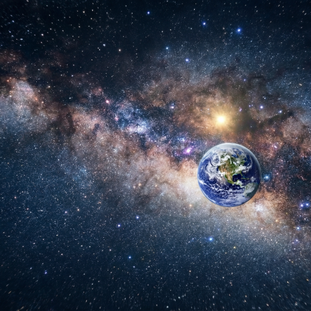 Das Universum ist ein lebendiger, pulsierender und bewusster Organismus. Ein Blick auf die Erde im Weltraum, umgeben von Sternen und Galaxien.