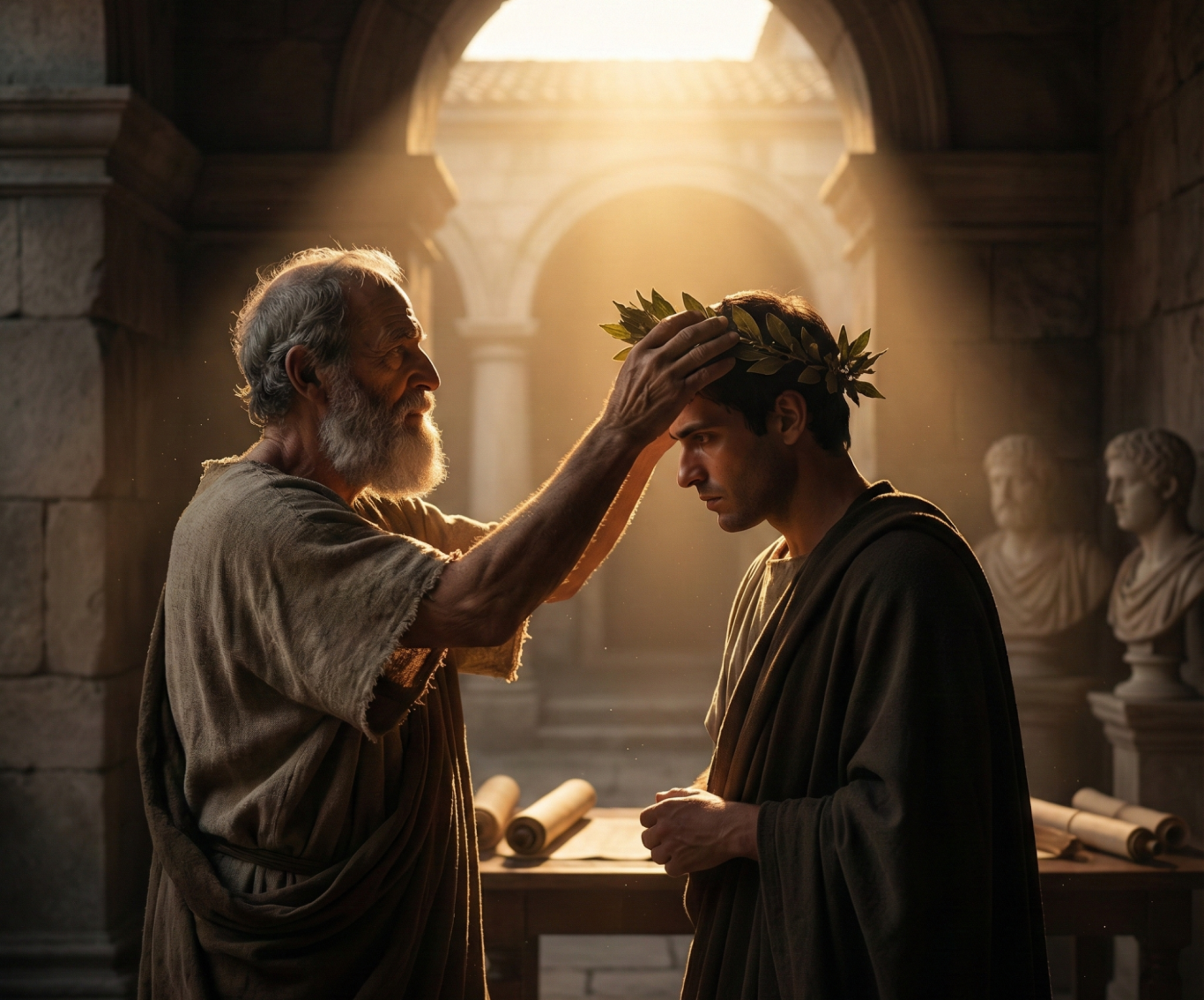 Ein älterer Mann krönt einen jüngeren Mann mit einem Lorbeerkranz in einer historischen Umgebung.