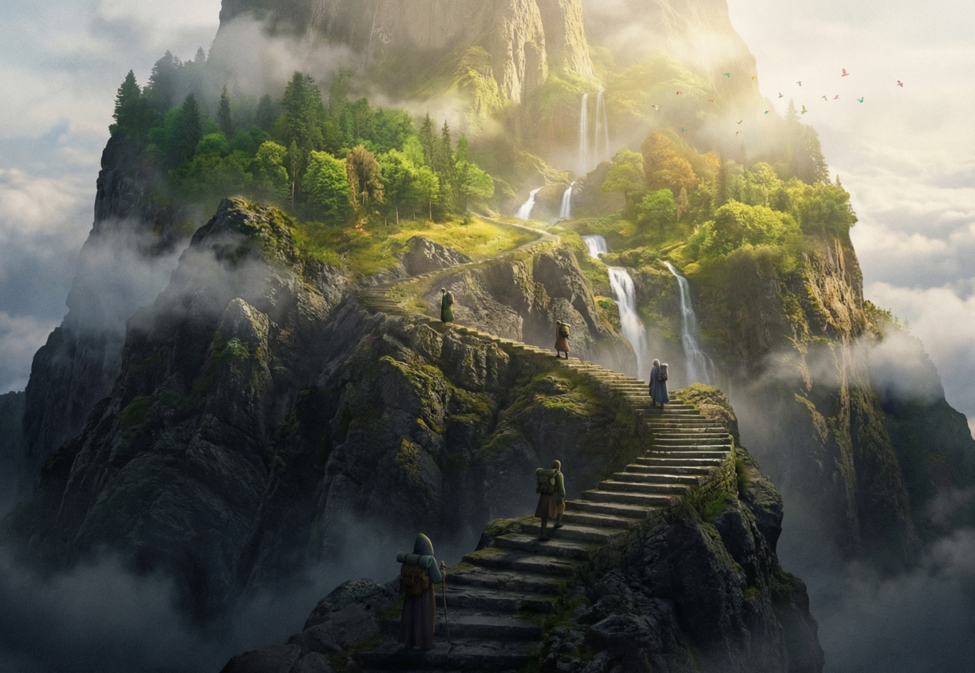 Ein majestätischer Berg mit Wasserfällen und einem Pfad, umgeben von Nebel und Bäumen.