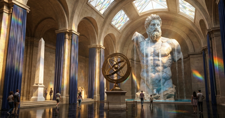 He symbolizes the primordial substance (Adite) and the medium for information (Akashic Records). His etheric currents give vitality, but require channeling to prevent emotional chaos. Imposante Statue eines antiken Gottes in einer majestätischen Hallenarchitektur.