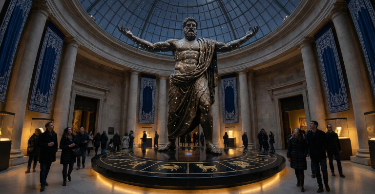 Kreios, the South Pillar, corresponds to the southern quadrant of the celestial architecture, and to one of the forces that anchor the order of the firmament. He is linked to the stars, the winds, combat, and the tensions that shape the manifest world. His function is neither psychological, nor sentimental: it is structural. He marks cycles, establishes recurrences, and fixes the matrix through which cosmic time becomes observable. Große Statue eines antiken Herrschers in einem eleganten Kuppelraum mit Menschen.