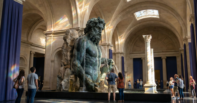 Große Statue eines Wassergottes in einer eleganten Galerie mit Besuchern.