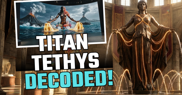 She symbolizes Buddhi (Divine Intelligence) within the aquatic matrix and distributes the life force. Transmutation requires utilizing emotional fluidity as conscious nourishment (universal compassion)—rather than as chaos. Grafik mit dem Titel "Titan Tethys Decoded" und einer Statue von Tethys in einem historischen Raum.