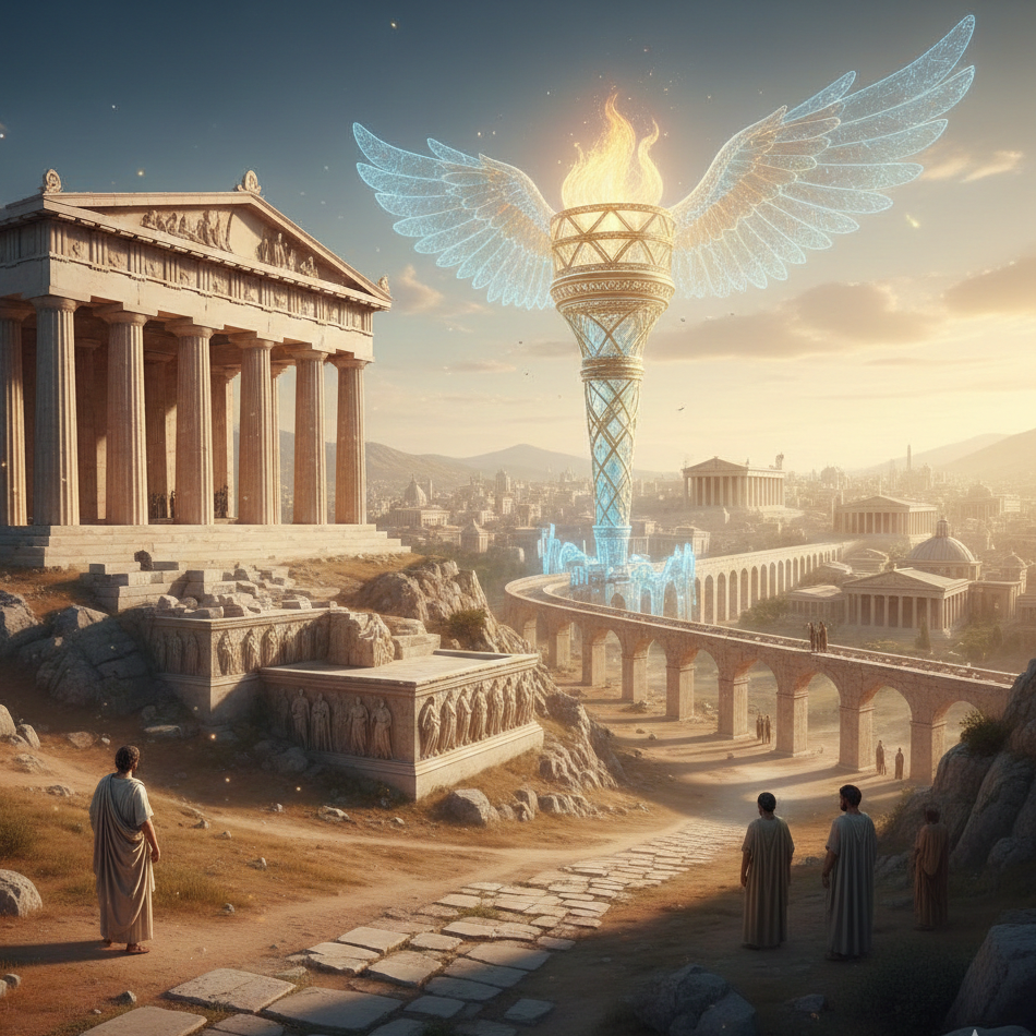 Im Alterswerk wird der Stil nüchterner, die dialektische Argumentation technischer. Platon unterzieht seine eigenen Theorien (wie die Ideenlehre) einer strengen Prüfung. Antike Ruinen mit einem leuchtenden, geflügelten Fackel auf einem Hügel.