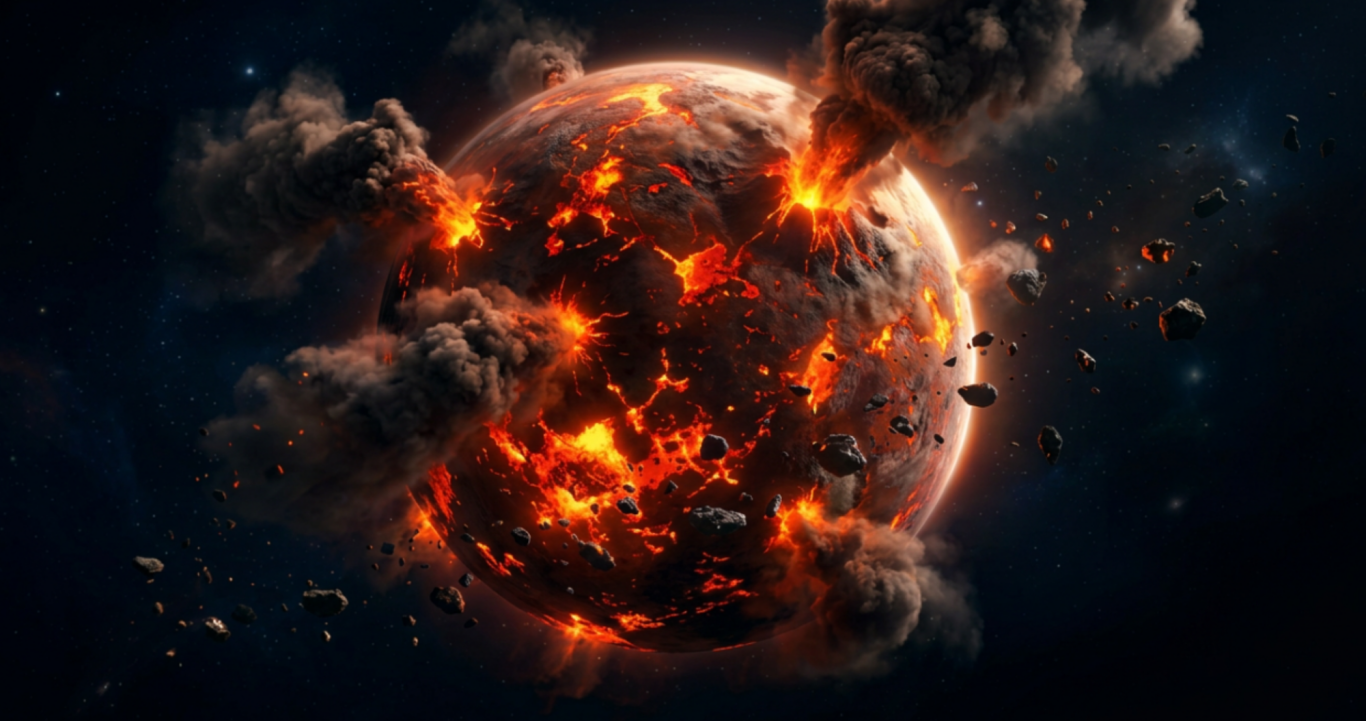 Ein explosiver Planet mit Lava und dunklen Rauchwolken im Weltraum.