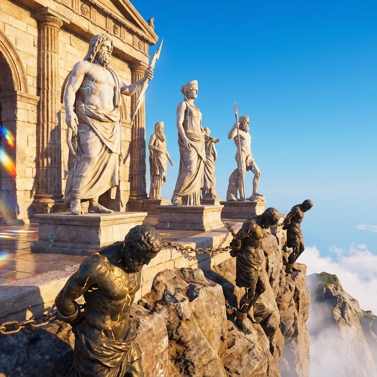 Antike Statuen auf felsigem Gipfel, umgeben von Wolken und klarem Himmel.