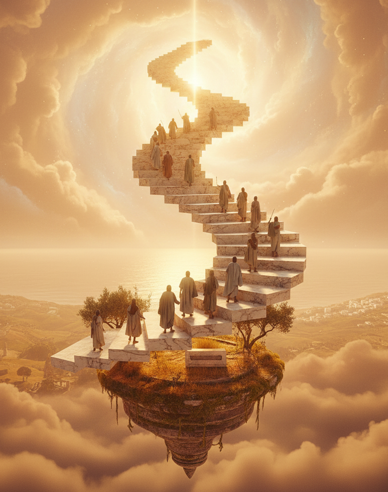 Platons Theorie der Liebe, vor allem im Symposion und Phaidros dargelegt, interpretiert Eros nicht als Selbstzweck, sondern als Mangel (Penia) und Streben nach Fülle (Poros). Diotima beschreibt im Symposion eine „Stufenleiter der Liebe“ Eine schwebende Treppe führt zu einer strahlenden Lichtquelle über Wolken.