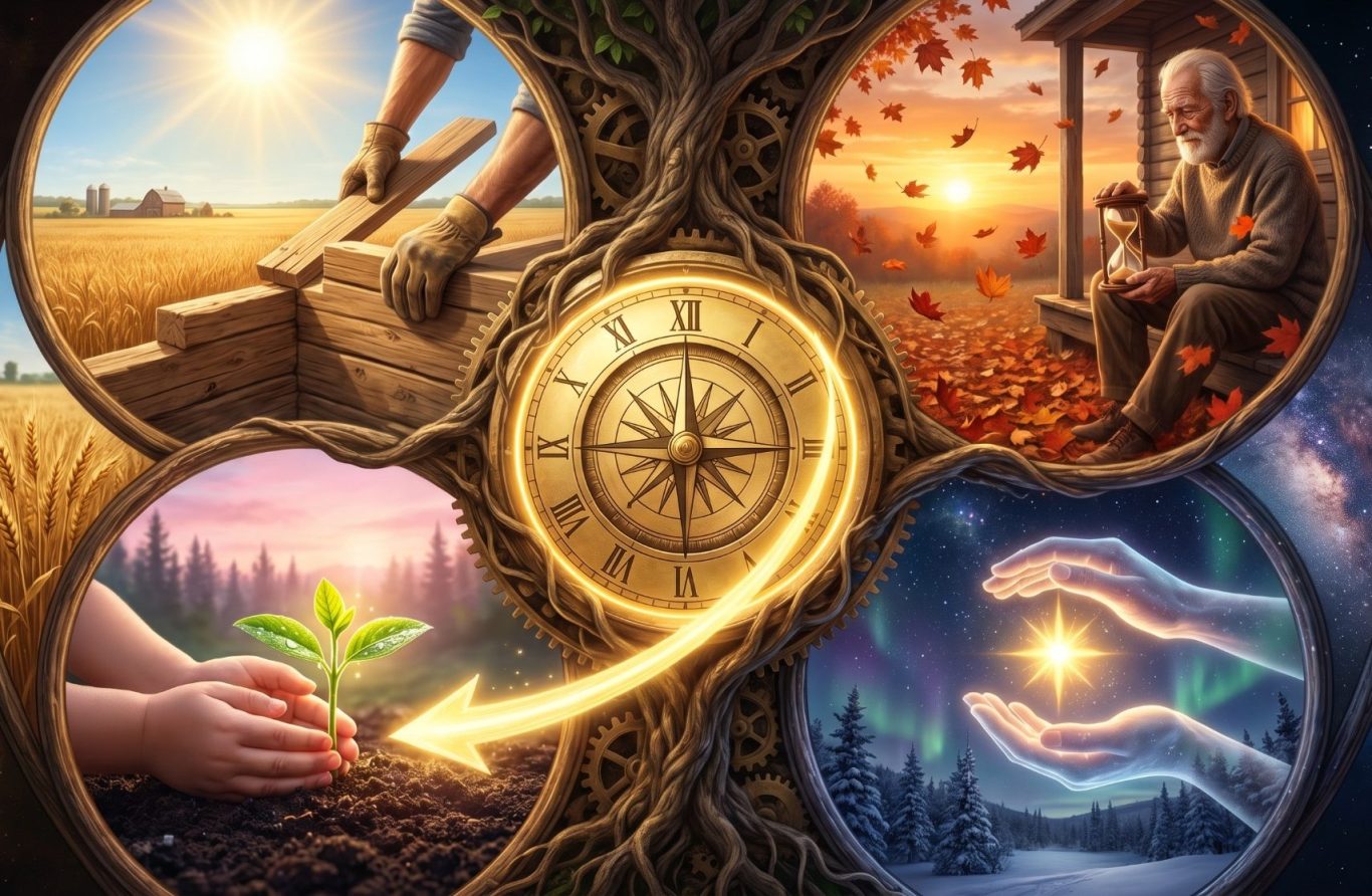 Vier Szenen zeigen den Kreislauf des Lebens: Pflanzen, Ernte, Reflexion und Geben.
