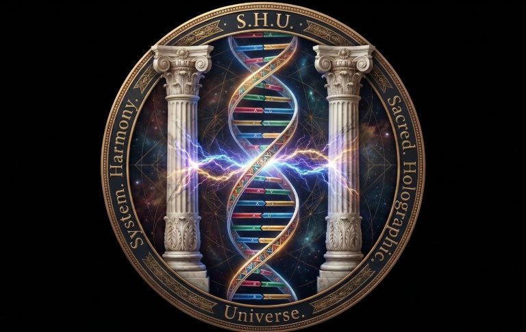 Sacred Holographic Universe Ein Symbol mit DNA-Doppelhelix, Säulen und kosmischem Hintergrund.